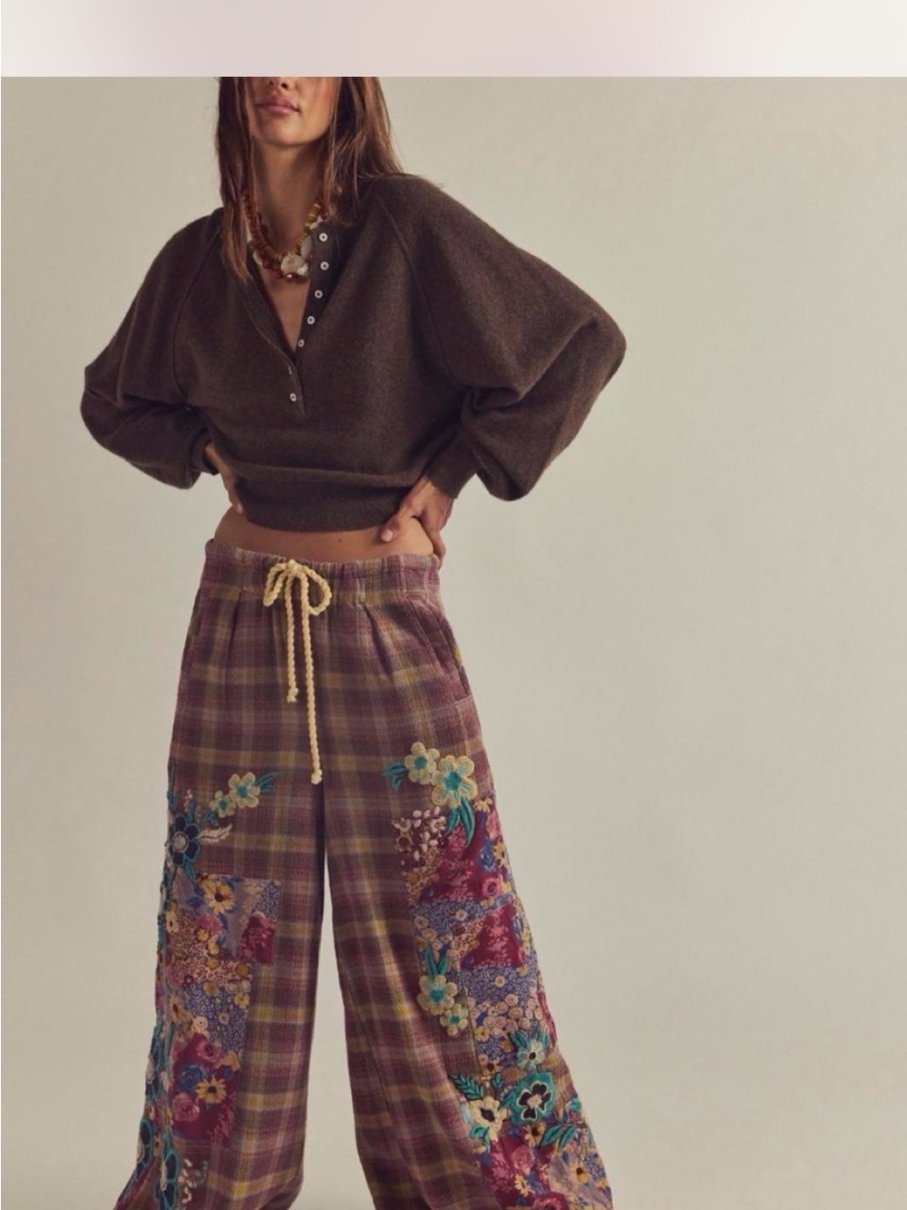 Free People Brooks Embroidered Plaid Wide-Leg Pants in Brown